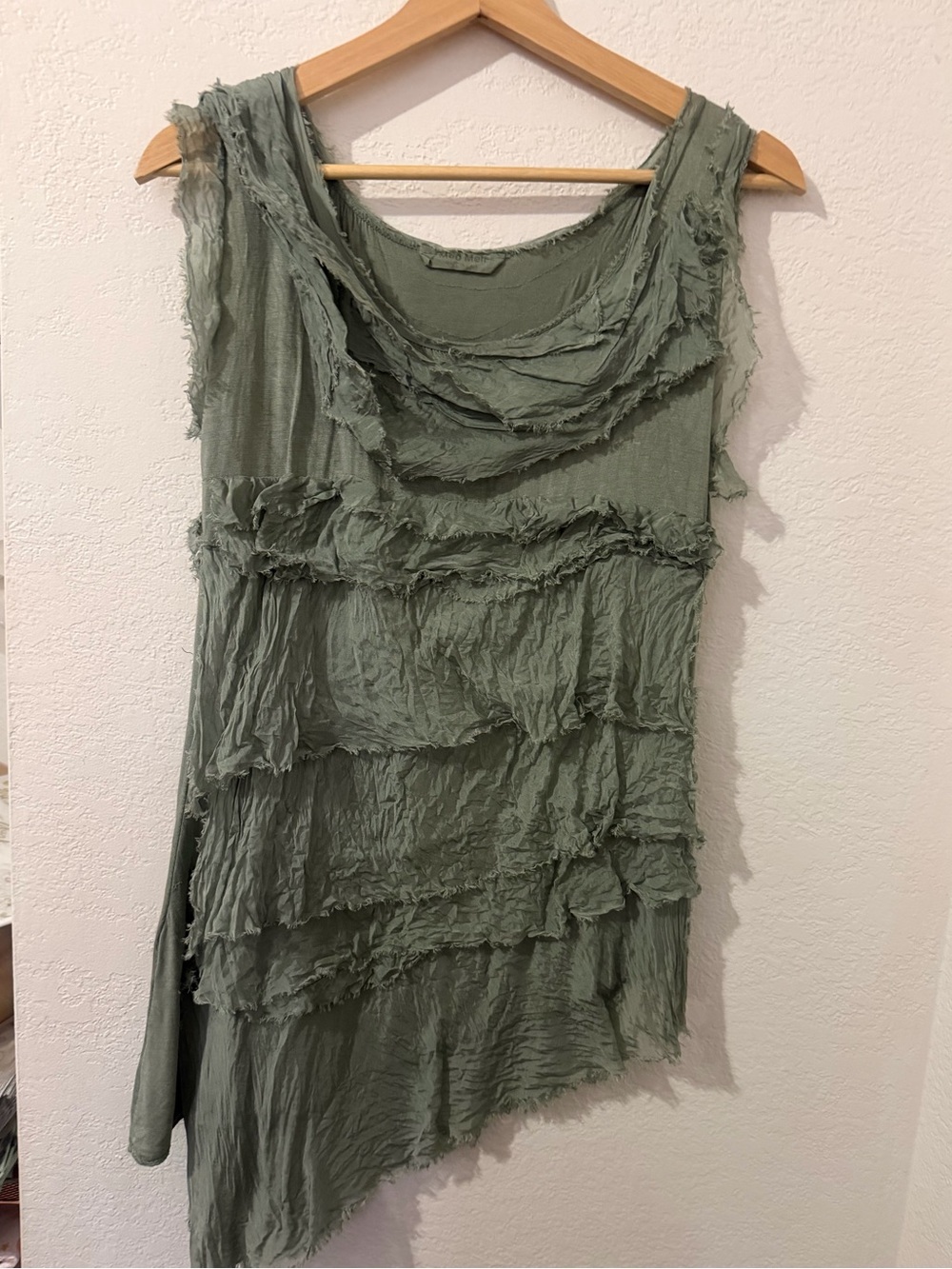 Meo Meli Layered Ruffle Sleeveless Italian Silk Tunic - Sage Green - Picture 4 of 7